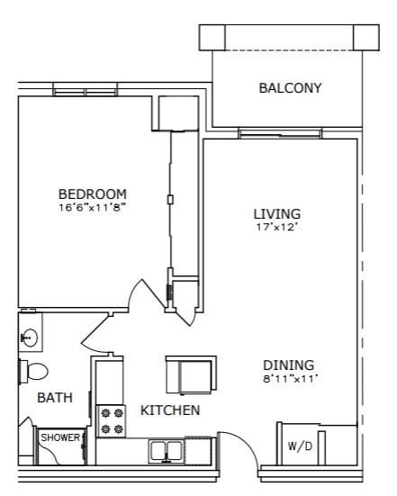 Floor plan for 1 bed, 1 bath, 721 sqft